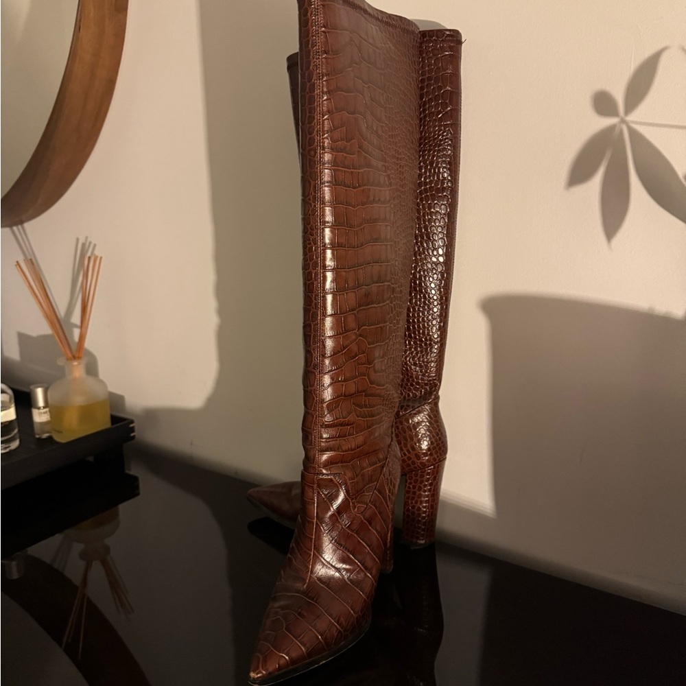Matiko Brown Croc-Embossed Heeled Boots